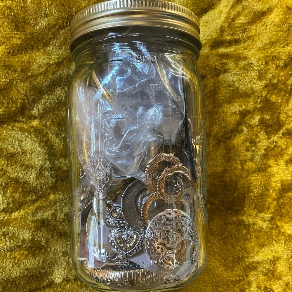 Gold and silver toned mystery jewelry jar wearable lot vintage to modern variety